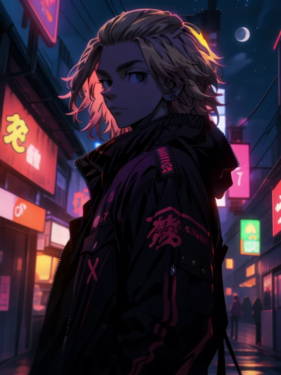 depth of field, sharp detail, best quality, looking at viewer, 1boy, solo, male focus, manjirou_sano, blonde hair, black eyes,purple jaket,neon jaket,old town,night time,moon rise ,Mikey, chaqueta de neón, chaqueta luminosa,