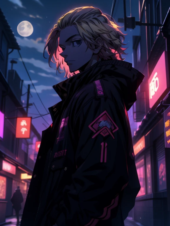 depth of field, sharp detail, best quality, looking at viewer, 1boy, solo, male focus, manjirou_sano, blonde hair, black eyes,purple jaket,neon jaket,old town,night time,moon rise ,Mikey, chaqueta de neón, chaqueta luminosa,