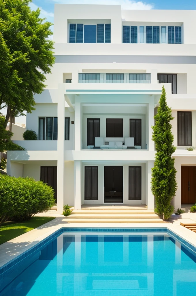 house with swimming pool, with white loungers, big house