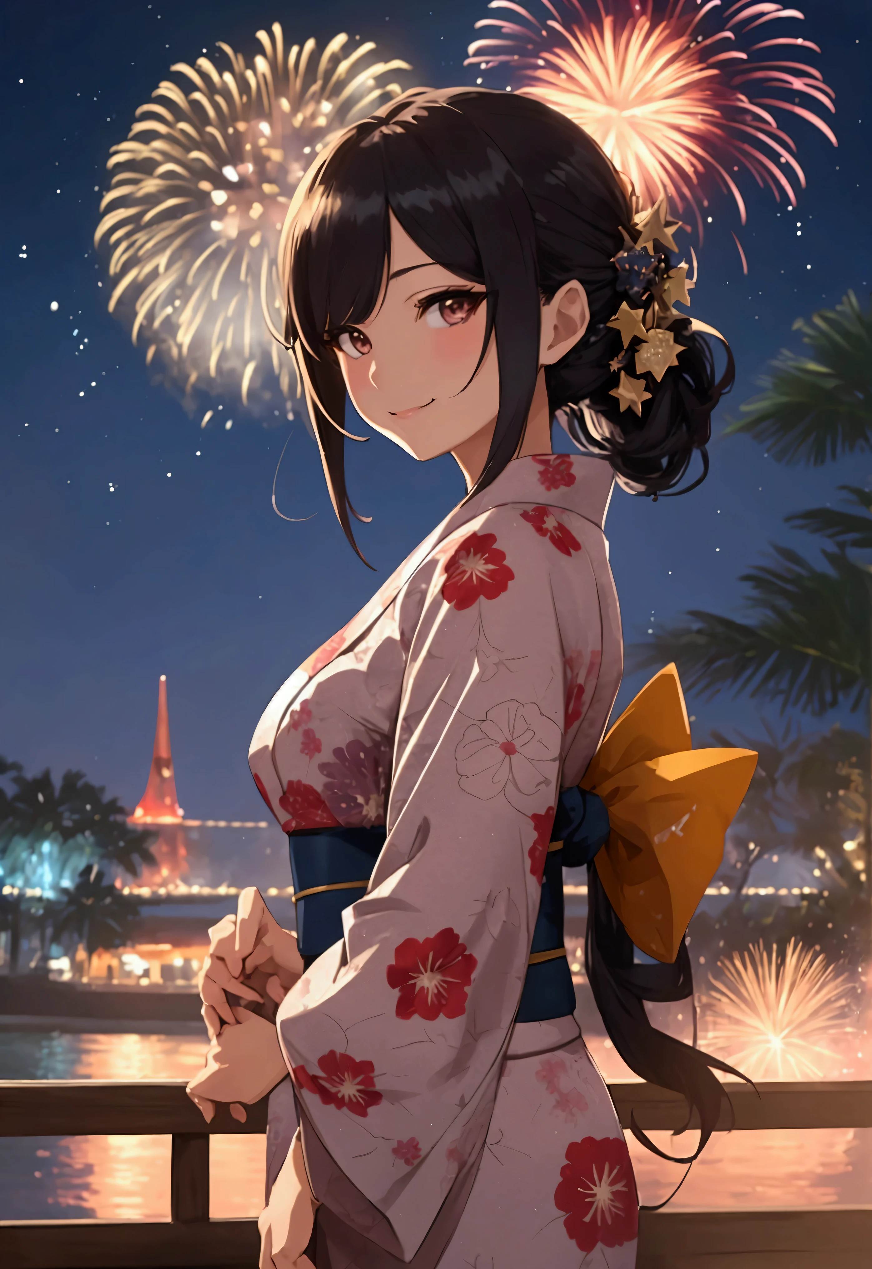 "(((One beautiful woman))), I, Masseter muscle area, Highest quality, Elegant anime style, Yukata outdoors, Spectacular Pyrotechnics, Star mine with a large number of fireworks, Shots from a distance, Backward view, Night view, A shy smile, Bokeh effect and depth of field, High Key Light"