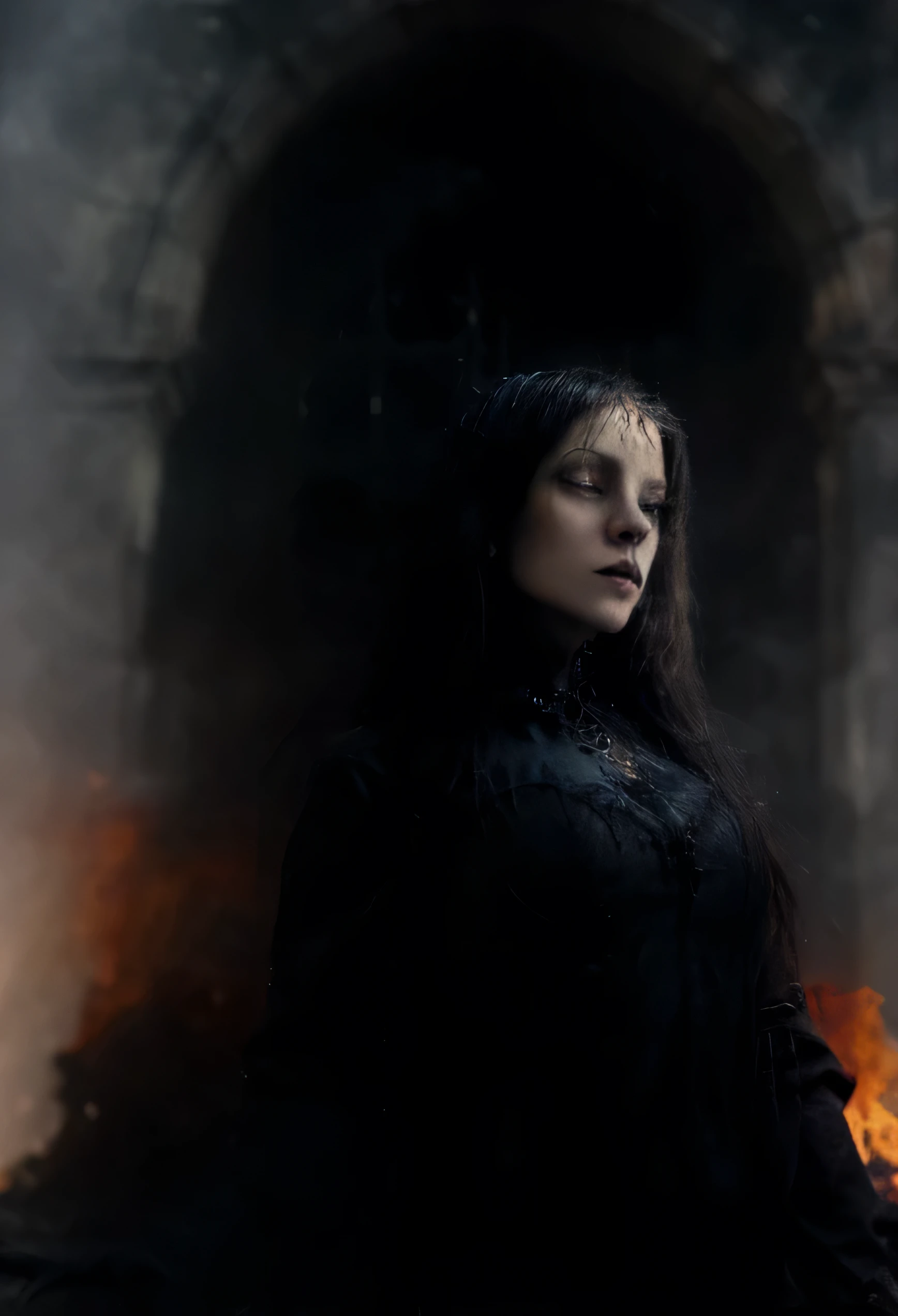 James Gurney, surrealism art , dream like, uncanny, provocative, symbolic, Complex, detailded,, (Gothic but very beautiful:1.4), (work of art, highest quallity:1.4) , Style Nicola Samori, Queen of fire, dragon next to red breathing fire wings open, burnt forest and city background.
