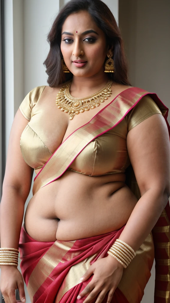 Foto RAW, photorealistic, photography, full body shot, master shot, perfect eyes, goddess like beauty, pierced eyes, perfect thick chubby mallu Desi aunty bhabhi, Full figured woman, juicy thick figure, bulky figure, curvy, fleshy curvy figure, voluptuous body, wide body, full figured aunty, Sexy navel folds, fleshy figure, heavy figure, Wearing a Stanapatta, a chest-band.Saree model, model Photography, Indian saree shoot, Indian traditional wear advertising photography, traditional wear brand shoot, face of Indian actress Sonakshi Sinha, masterpiece, realistic, realism, incredible details,  pleasure, photorealism, detailed skin, skin pores, high contrast, photorealistic Artstation 8k HD digital art trend of high definition and detailed realistic skin texture, ultra detail, realistic skin texture, armature, best quality, ultra high definition, (photorealistic:1.4),, high resolution, detail, raw photo, sweat, Re sharp, by Lee Jefferies Nikon D850 Film Stock Photo 4 Kodak Portra 400 Camera F1.6 Lens Rich Color Ultra Real Realistic Realistic Textures Dramatic Lighting Unreal Engine Trending at Art Station Cinestill 800,(pele altamente detalhada: 1.2), 8k UHD, DSLR, soft-lighting, alta qualidade, grain of film, Fujifilm XT3,she didn't like to wear blouse or bra, She doesn't like to wear bra or blouse as it is against her traditional customs, wearing a Bra or blouse is against her forbidden in her tribes ritual, traditional no blouse saree,  detailed hairy armpits, hyper realistic skin, skin pores, sweat, veins, 