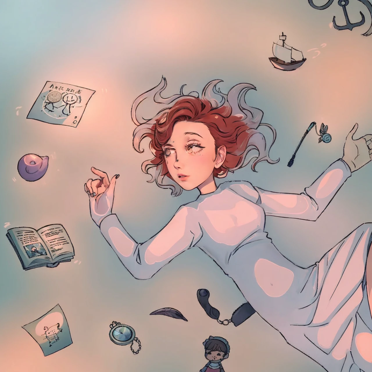 Make it realistic and expand the lighting, the drawing shows a girl in the water, there are objects floating around you, a toy boat, an anchor, two sheets of paper, an open book, a doll, um telefone antigo, a pocket watch, a toy for cats, a shell and a feather.