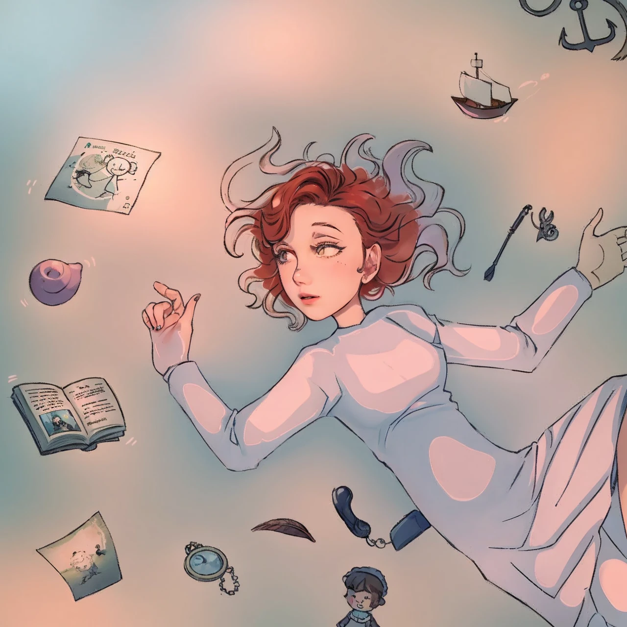 Make it realistic and expand the lighting, the drawing shows a girl in the water, there are objects floating around you, a toy boat, an anchor, two sheets of paper, an open book, a doll, um telefone antigo, a pocket watch, a toy for cats, a shell and a feather.