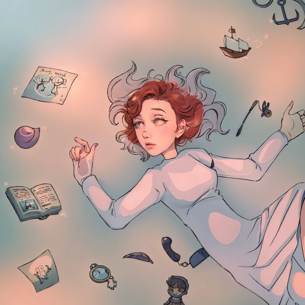 Make it realistic and expand the lighting, the drawing shows a girl in the water, there are objects floating around you, a toy boat, an anchor, two sheets of paper, an open book, a doll, um telefone antigo, a pocket watch, a toy for cats, a shell and a feather.