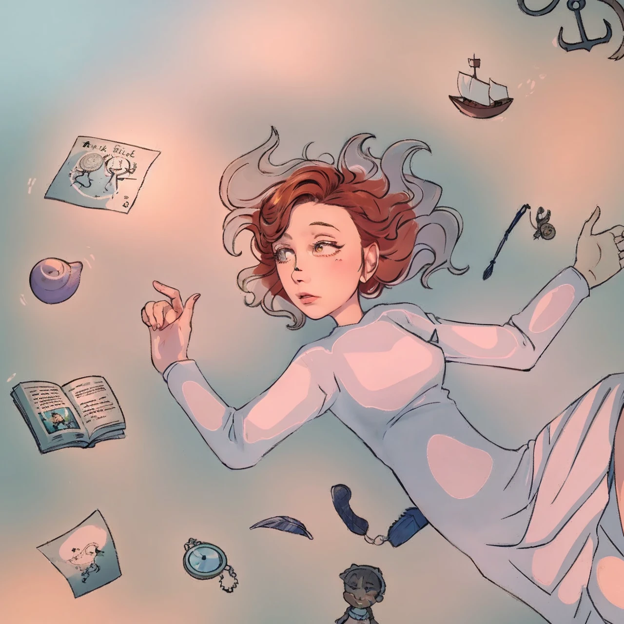 Make it realistic and expand the lighting, the drawing shows a girl in the water, there are objects floating around you, a toy boat, an anchor, two sheets of paper, an open book, a doll, um telefone antigo, a pocket watch, a toy for cats, a shell and a feather.