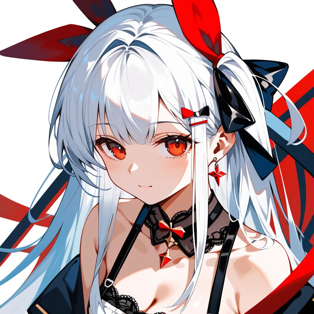 Fraction_9, Fraction_8_up, Fraction_7_up, Fraction_6_Direction_5_Direction_4_up, src_Japanese cartoons, Simple background, 1 Girl, Solitary, Awesome \(Azur Lane\), Red Eyes, White hair, , Long hair, Black lace ribbon,Look at the camera