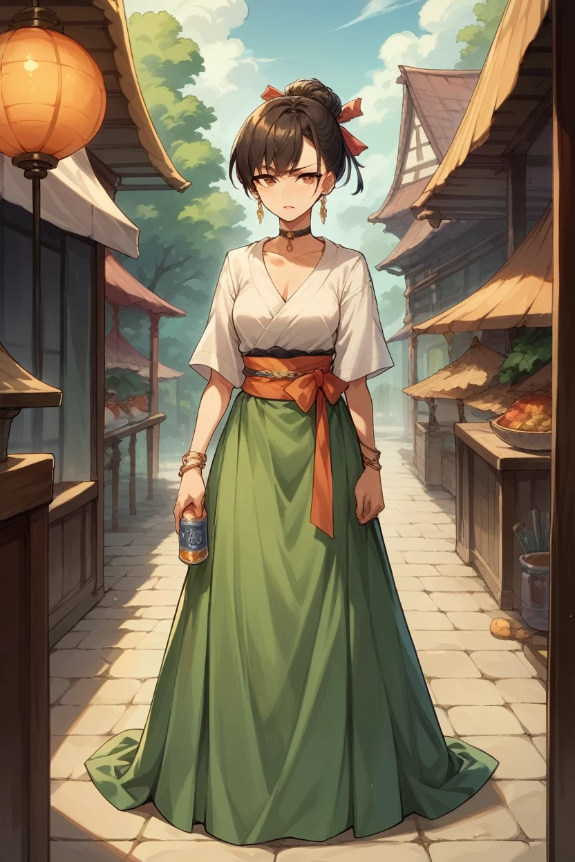 score_9, score_8_superior, score_7_superior, score_6_superior, sauce_anime, Break 1 Girl,  black, Hair Ribbon, bracelet, choker, Earrings, Long dress, sash, I&#39;m watching you, Medium chest, village, wood, blue sky, Happy, Put your hand on your chest, superiorper body