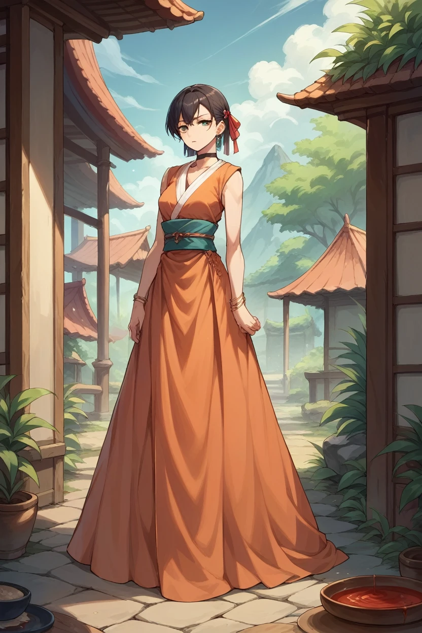 score_9, score_8_superior, score_7_superior, score_6_superior, sauce_anime, Break 1 Girl,  black, Hair Ribbon, bracelet, choker, Earrings, Long dress, sash, I&#39;m watching you, Medium chest, village, wood, blue sky, Happy, Put your hand on your chest, superiorper body