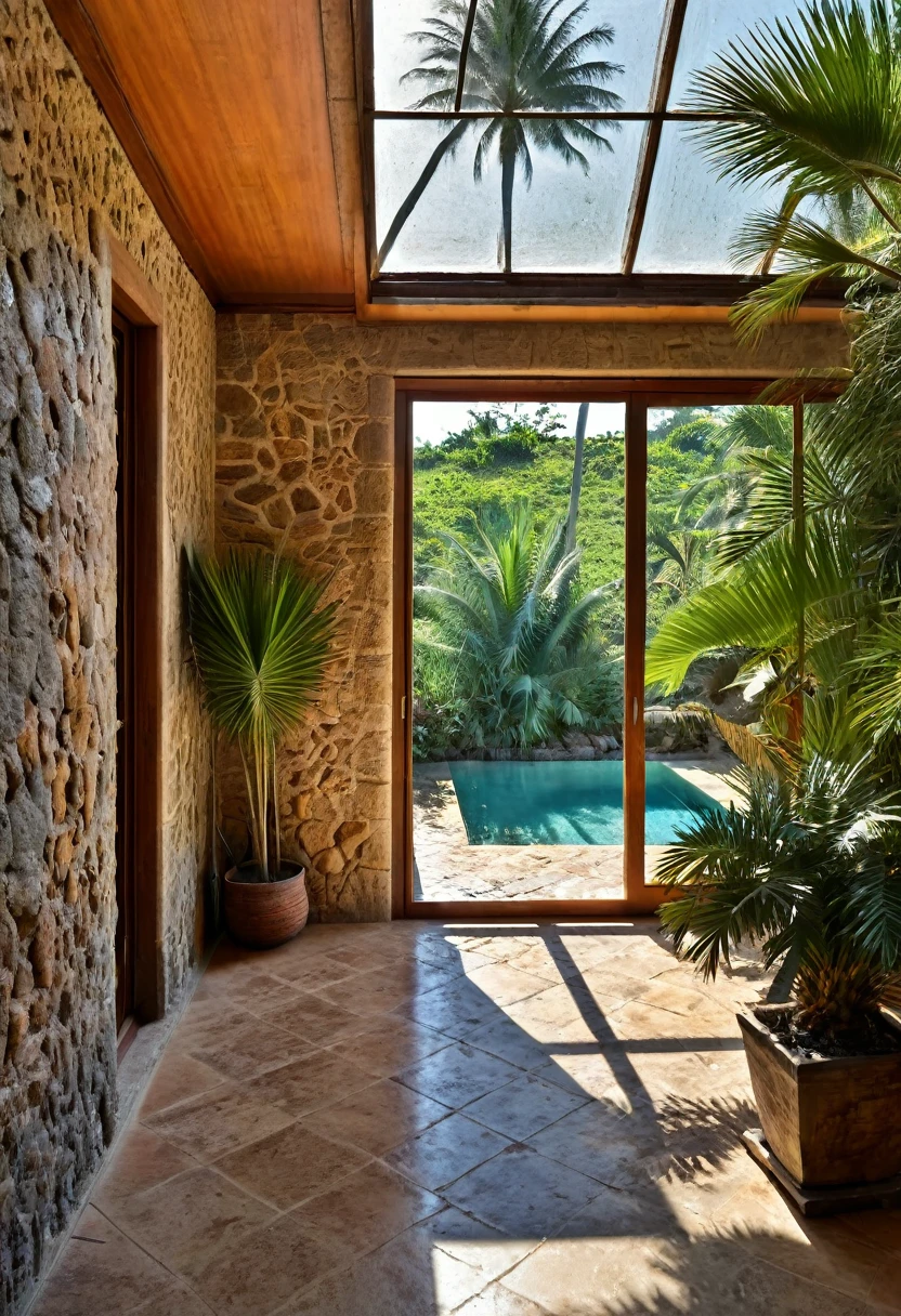 RAW image, taken on a Canon EOS R3, com lente telefoto teleobjetiva 300mm, 8K top quality, natural look, dawn, 3 pm hour, DSLR photo ultra detailed, realistic, ultra high res.photorealistic::1.5, Interior architecture in Brazilian tropical style. An internal corridor covered in Tamarind wood, with a retractable glass roof. On the walls 2 paintings by Tarsila do Amaral. The floor is rustic in Pedra Moledo Laguna Branca. This hallway overlooks the garden, with neatly trimmed grass, tall palm trees, a huge square swimming pool, light brown sun loungers, open wooden sliding doors, breeze, sea, sand. 
