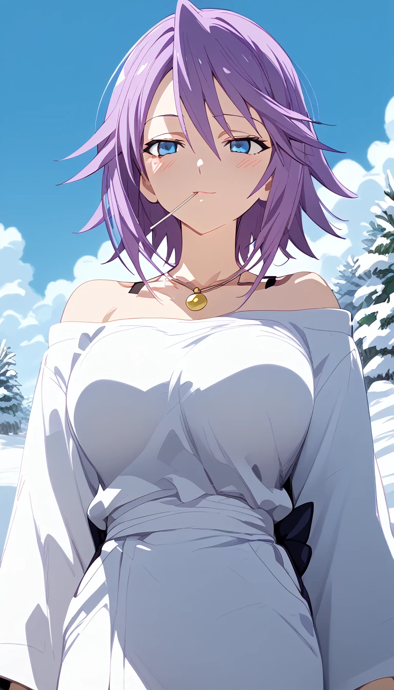 score_9, score_8_up, score_7_up, source anime, prefect lighting, very aesthetic, rating questionable,
1girl, shirayuki mizore, rosario+vampire, short hair, purple hair, blue eyes, anime screencap, lollipop,
Big breasts, blush, seductive smile, wearing a white yukata, long sleeves, necklace, lollipop, anime screencap, snowy landscape. FullHd, 8k