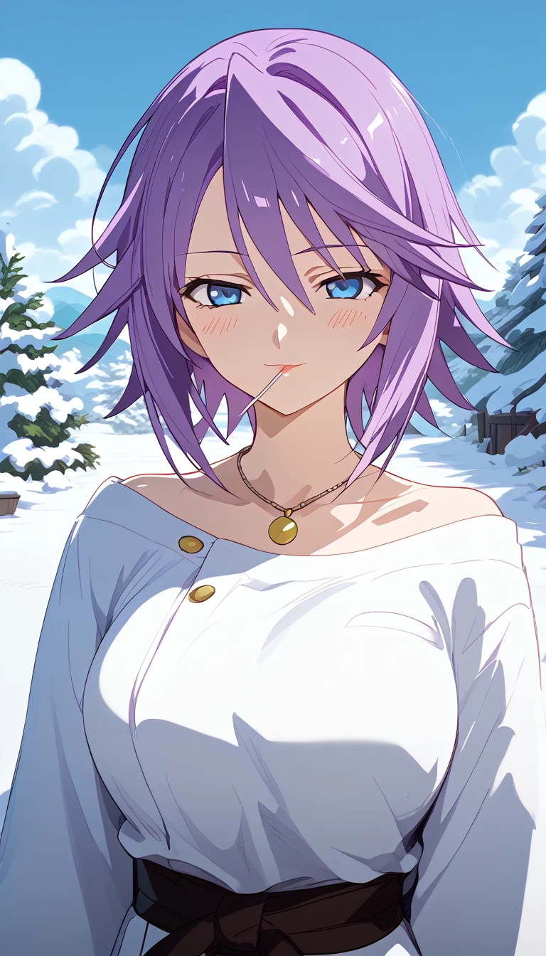 score_9, score_8_up, score_7_up, source anime, prefect lighting, very aesthetic, rating questionable,
1girl, shirayuki mizore, rosario+vampire, short hair, purple hair, blue eyes, anime screencap, lollipop,
Big breasts, blush, seductive smile, wearing a white yukata, long sleeves, necklace, lollipop, anime screencap, snowy landscape. FullHd, 8k