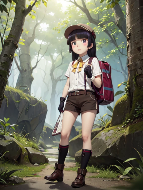 (masterpiece, Highest quality),  (ruri gokou), blush, Black Hair, Mole, Mole under eye, One Girl, Long Hair, Hime cut, Jungle exploration, flashlight, telescope, Food Bag, rope, a notepad. Shorts, 
Utility Vest, Safari Hat, Hiking boots, Durable gloves.
(Adventurous explorer at the entrance to a cave), Mysterious light seen in the distance,
Rock surface texture, Contrast between light and shadow, The mysterious atmosphere of nature. full body