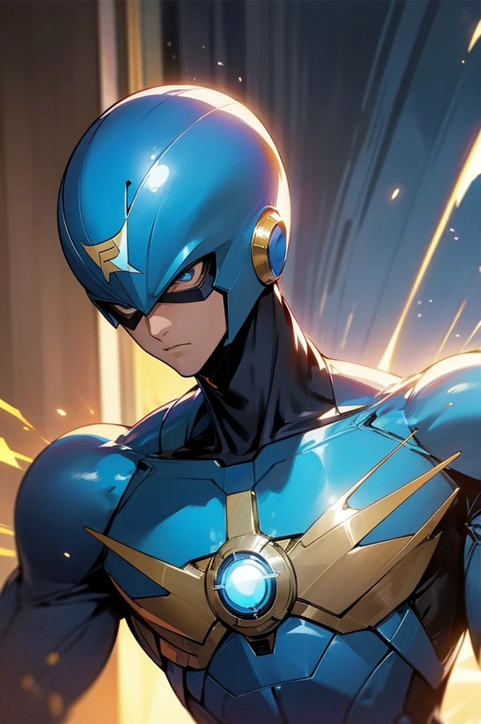 blue super hero suit, blue super hero helmet that covers head, young male, mature, adult, upper body, lean, street background, electronic chest glowing, speedster, gold and blue hero suit, blue lighting surrounding person