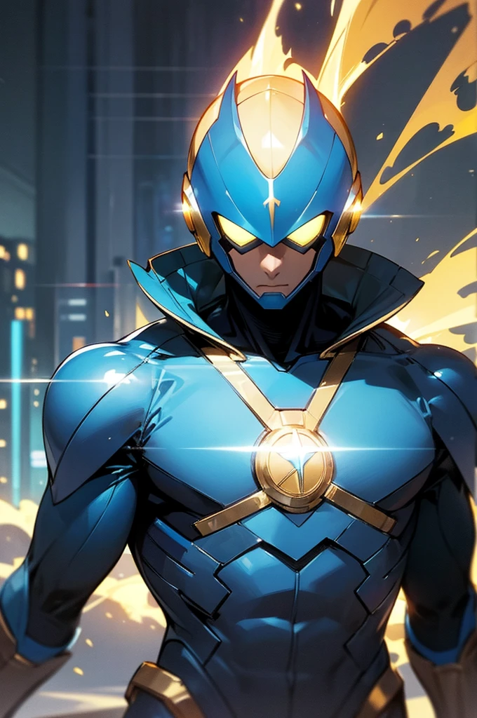 blue super hero suit, blue super hero helmet that covers head, young male, mature, adult, upper body, lean, street background, electronic chest glowing, speedster, gold and blue hero suit, blue lighting surrounding person