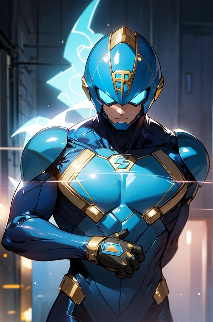 blue super hero suit, blue super hero helmet that covers head, young male, mature, adult, upper body, lean, street background, electronic chest glowing, speedster, gold and blue hero suit, blue lighting surrounding person