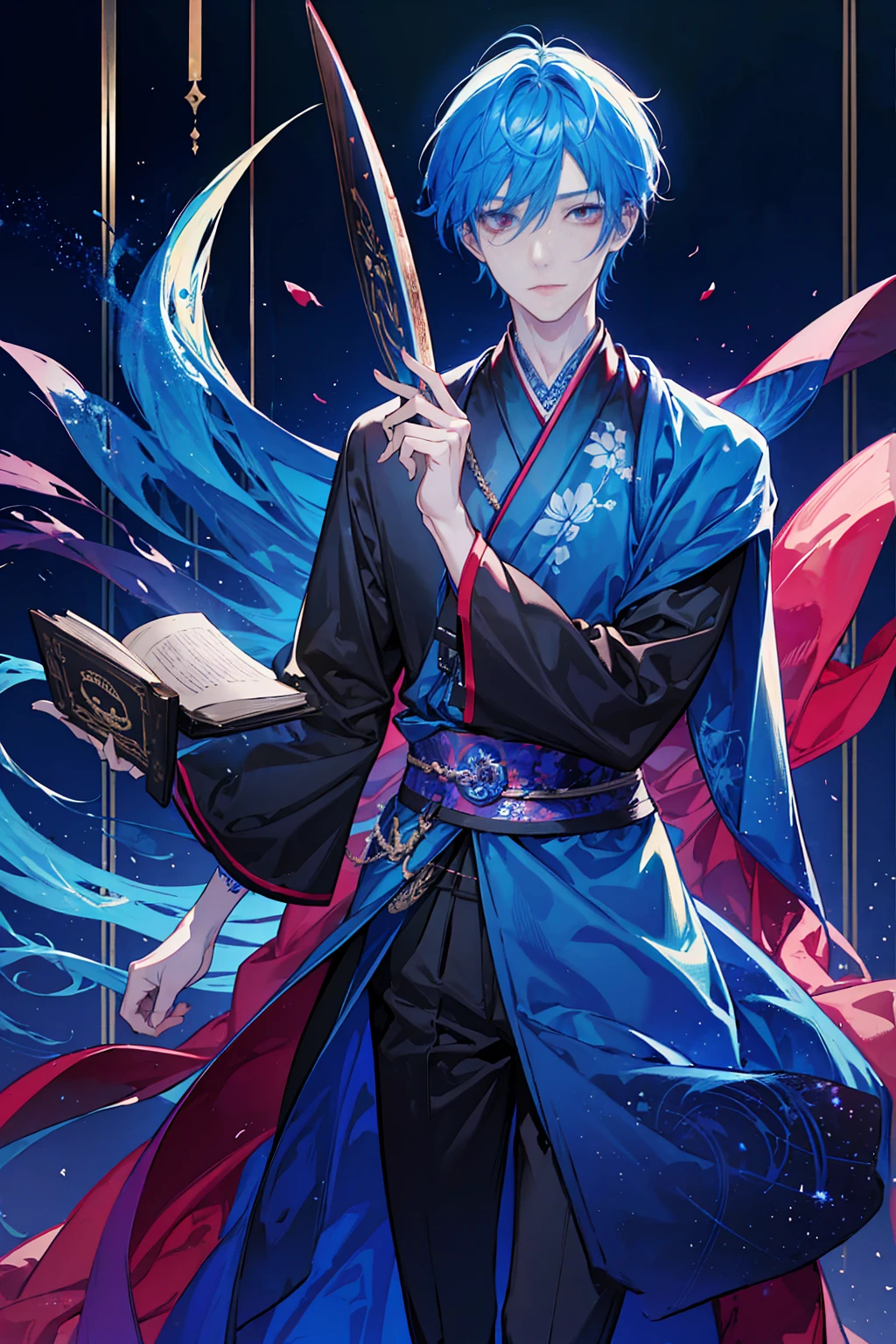 Sorcerer a pinkhightlightbluehair men, wearing a , fasion hair, fasion hair, slim body, hood, hakama, men, handsome face, tall 187cm, 21yearold, male, Secret, magicbook, red eyes, villianface