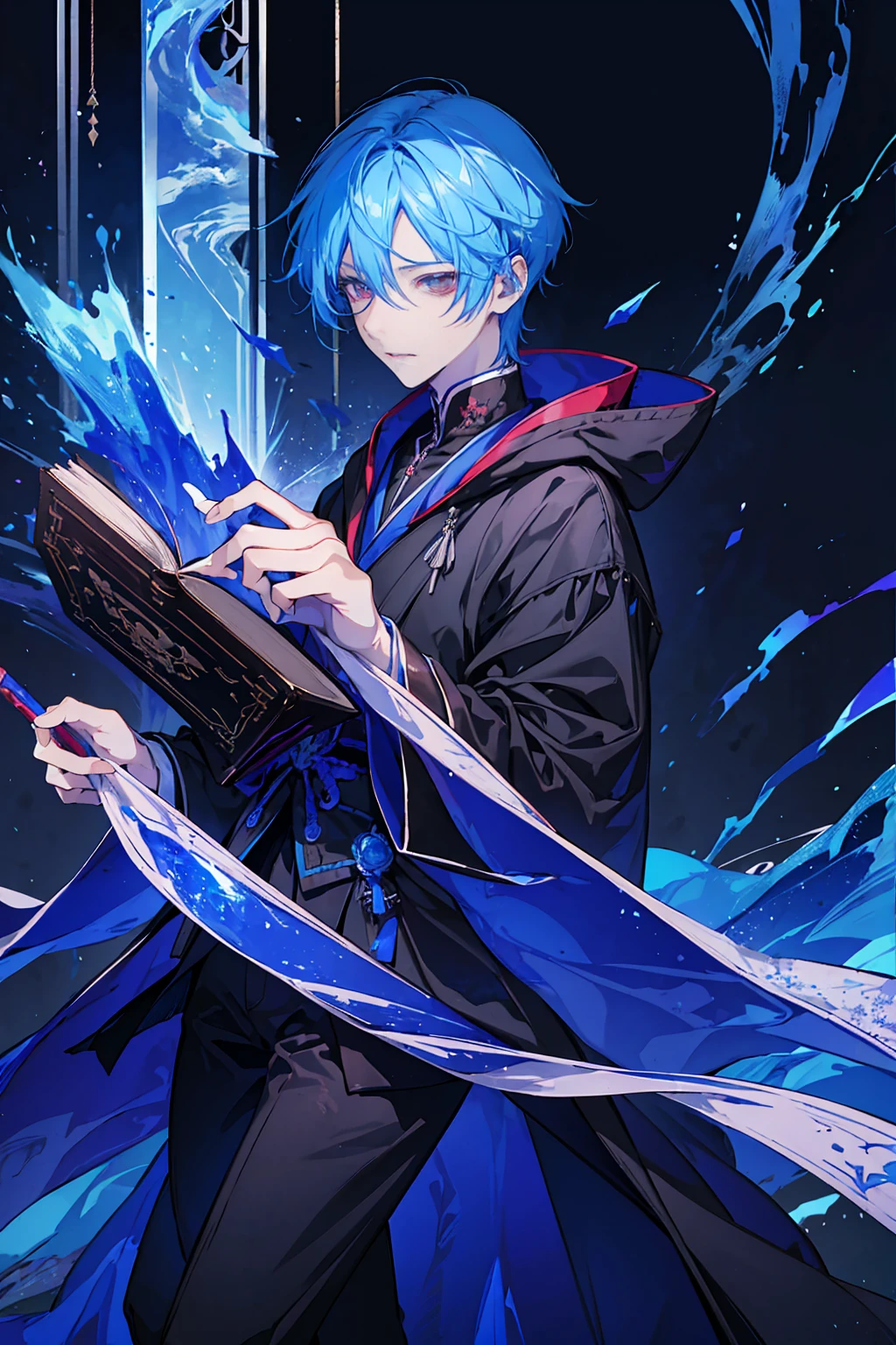 Sorcerer a pinkhightlightbluehair men, wearing a , fasion hair, fasion hair, slim body, hood, hakama, men, handsome face, tall 187cm, 21yearold, male, Secret, magicbook, red eyes, villianface