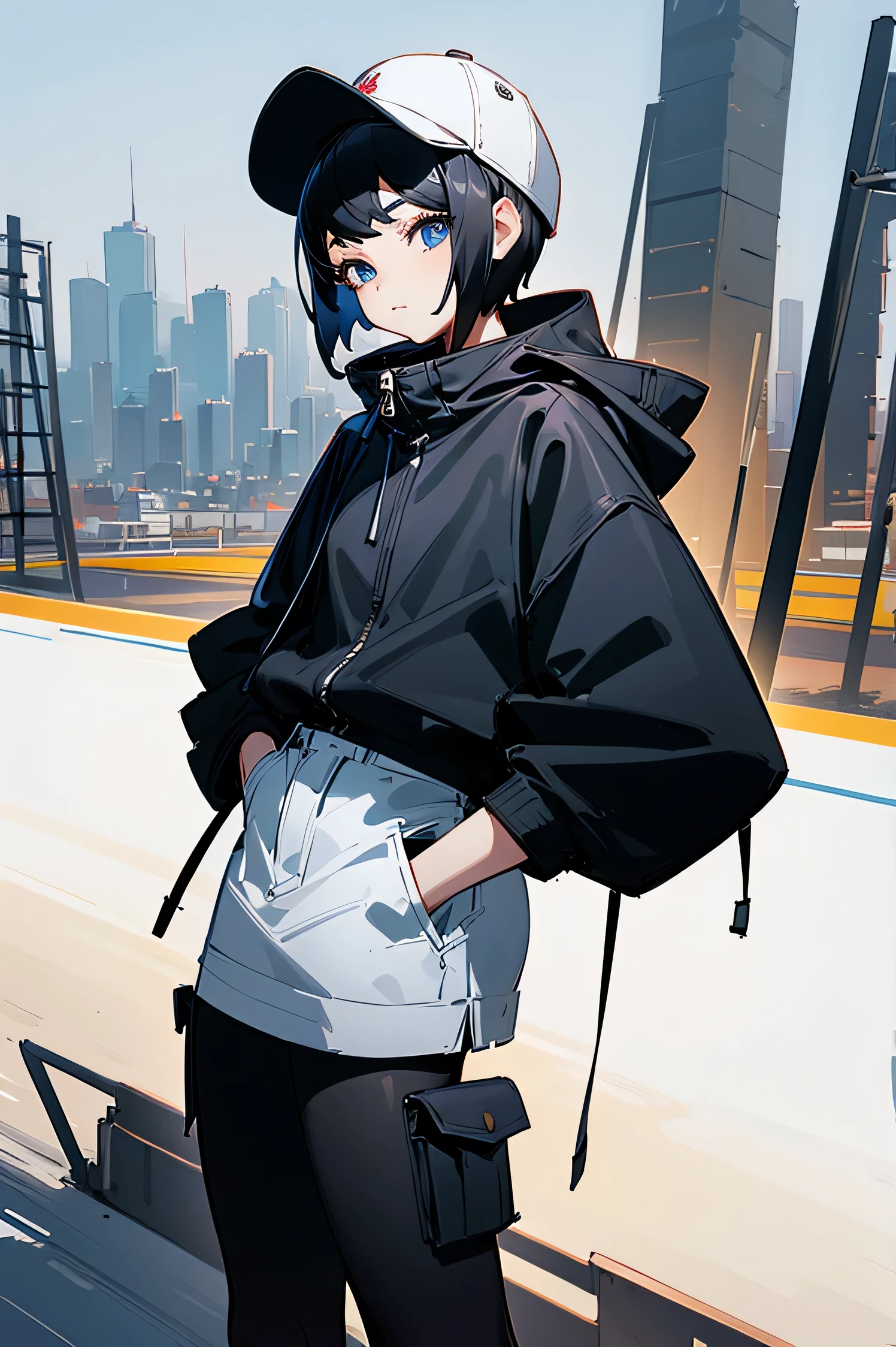 (((masterpiece, figure, Highest quality))), One girl, alone, blue eyes, ((Highly detailed eyes)), View, ((short hair)), ((Black Hair)), Are standing, ((Baseball cap)), White Hat, Black jacket, (Closed Sweater), ((landscape:White Background)), Black socks, ((Black Shirt)), Perfect body, Upper Body Shot, (Mouth closed), , ((Put your hands in your pockets)), Waterproof jacket, White Skirt, Hooded jacket, 