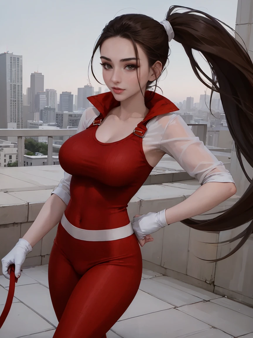 Gorgeous and sultry busty athletic (thin) brunette with sharp facial features, ponytail, wearing (modest) red and white satin bodysuit, long gloves, covered eyes, tights, spandex, city skyline, rooftops