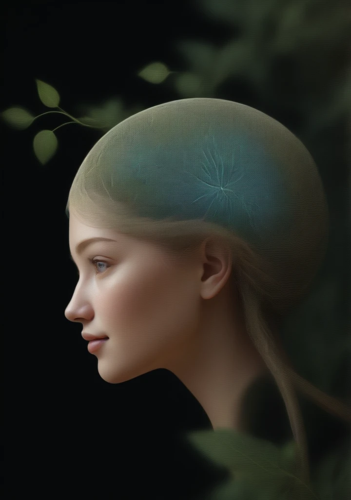 A mesmerizing digital illustration of a human brain. The brain consists of intricately woven plants with vines, blossoms and flowers, which are sprouting from the brain stem, creating a surreal and organic fusion of nature and intelligence. Neurons sparkle inside the plants. The vines branch out, forming complex neural networks that are translucent and extend into the surroundings. The brain is depicted without bones and skin, purely composed of the vegetation, showcasing the interconnectedness of nature and human cognition. The illustration is rendered with extreme detail, capturing every intricate texture of the trees, vines, and flowers, creating a visually stunning masterpiece. growth, life, and harmony. (a female face is smiling in front of the brain:1.5)