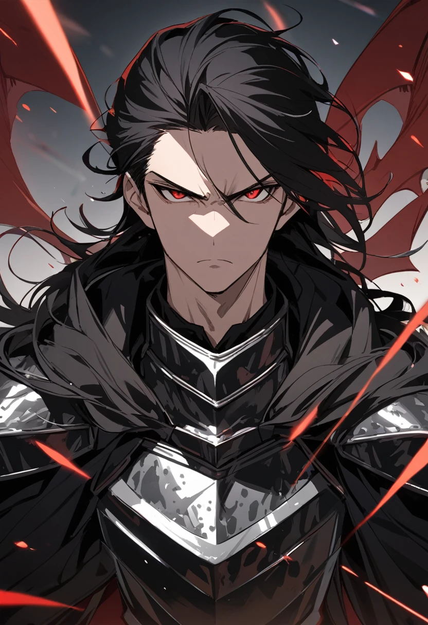 Solo-man, tall man, masculine, broad shoulders, (long messy black hair:1.3), (red dragon eyes:1.1), poker face, serious, black plate armor, black cloak