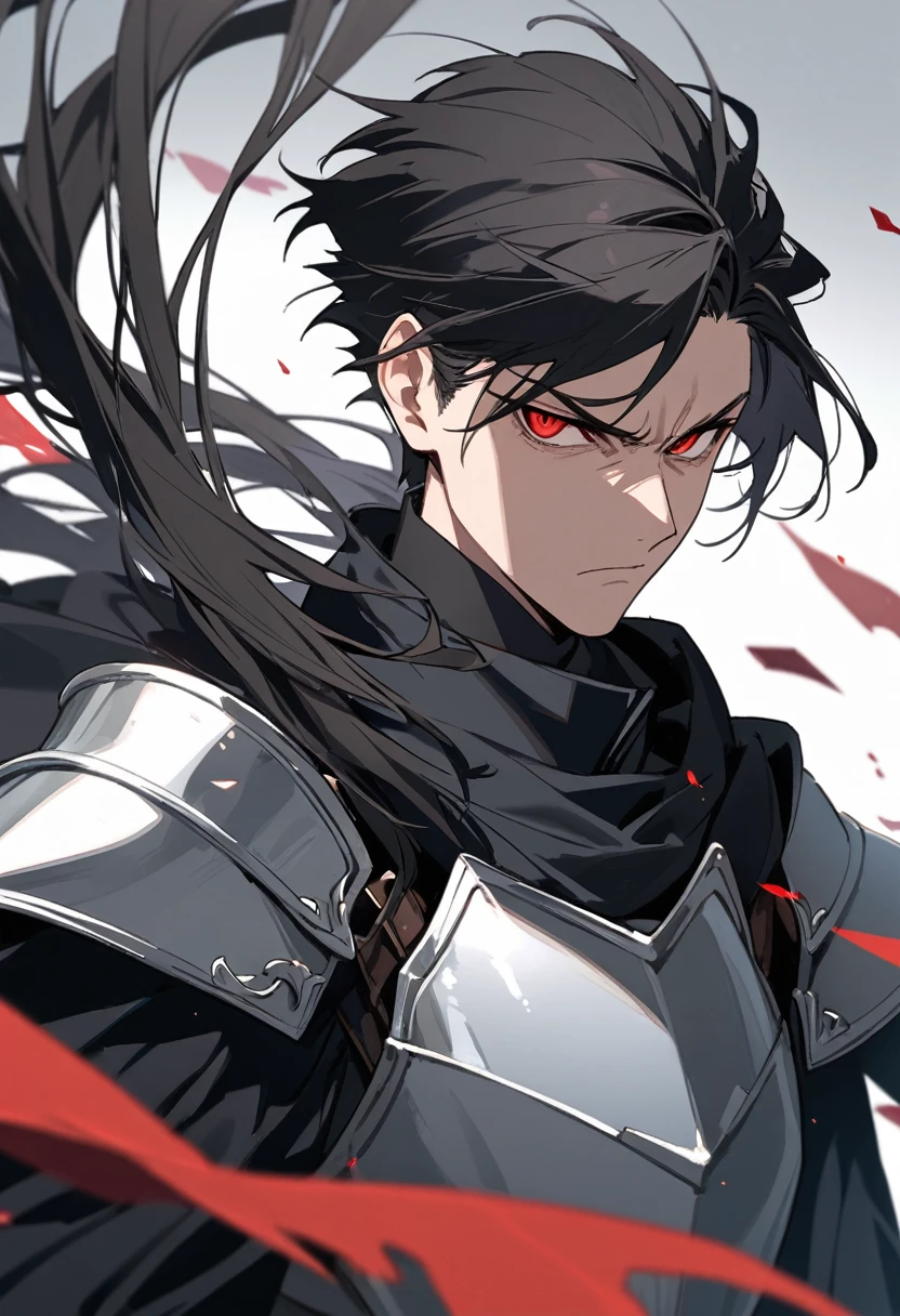 Solo-man, tall man, masculine, broad shoulders, (long messy black hair:1.3), (red dragon eyes:1.1), poker face, serious, black plate armor, black cloak