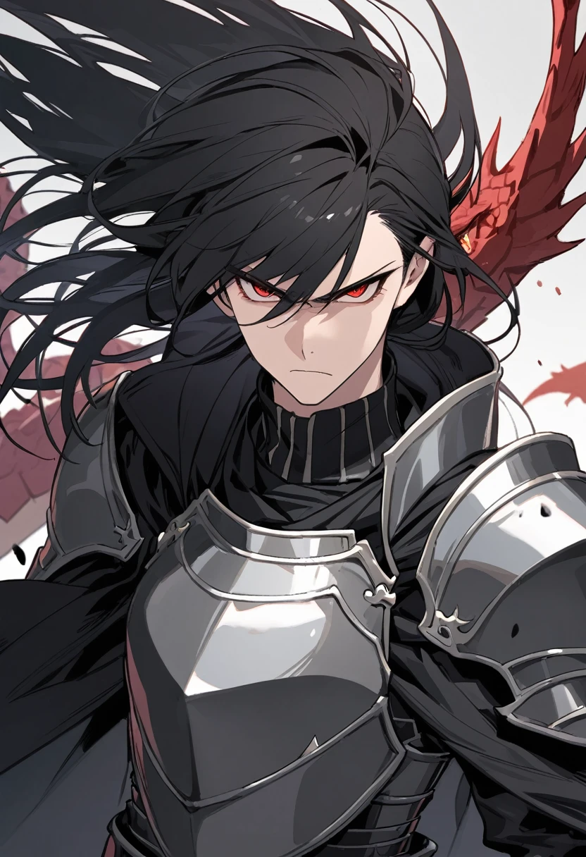 Solo-man, tall man, masculine, broad shoulders, (long messy black hair:1.3), (red dragon eyes:1.1), poker face, serious, black plate armor, black cloak