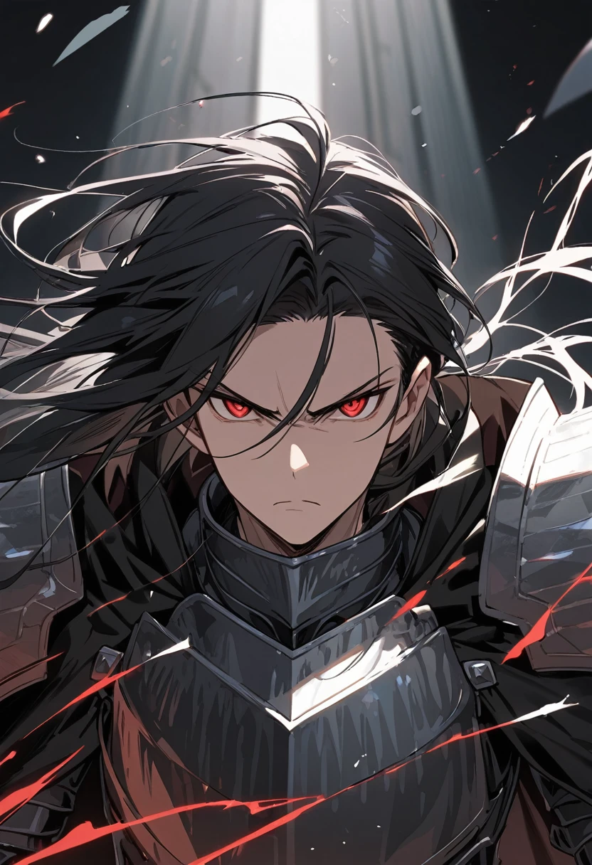 Solo-man, tall man, masculine, broad shoulders, (long messy black hair:1.3), (red dragon eyes:1.1), poker face, serious, black plate armor, black cloak