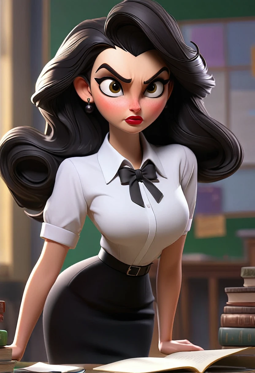 (16K max resolution masterpiece:1.2),(((Intricate detail:1.4))), (((extremely crazy detail:1.4))),(((top quality:1.3))), Sexy high waisted long black skirted evil sexy Teacher with arrogant pose in the class center