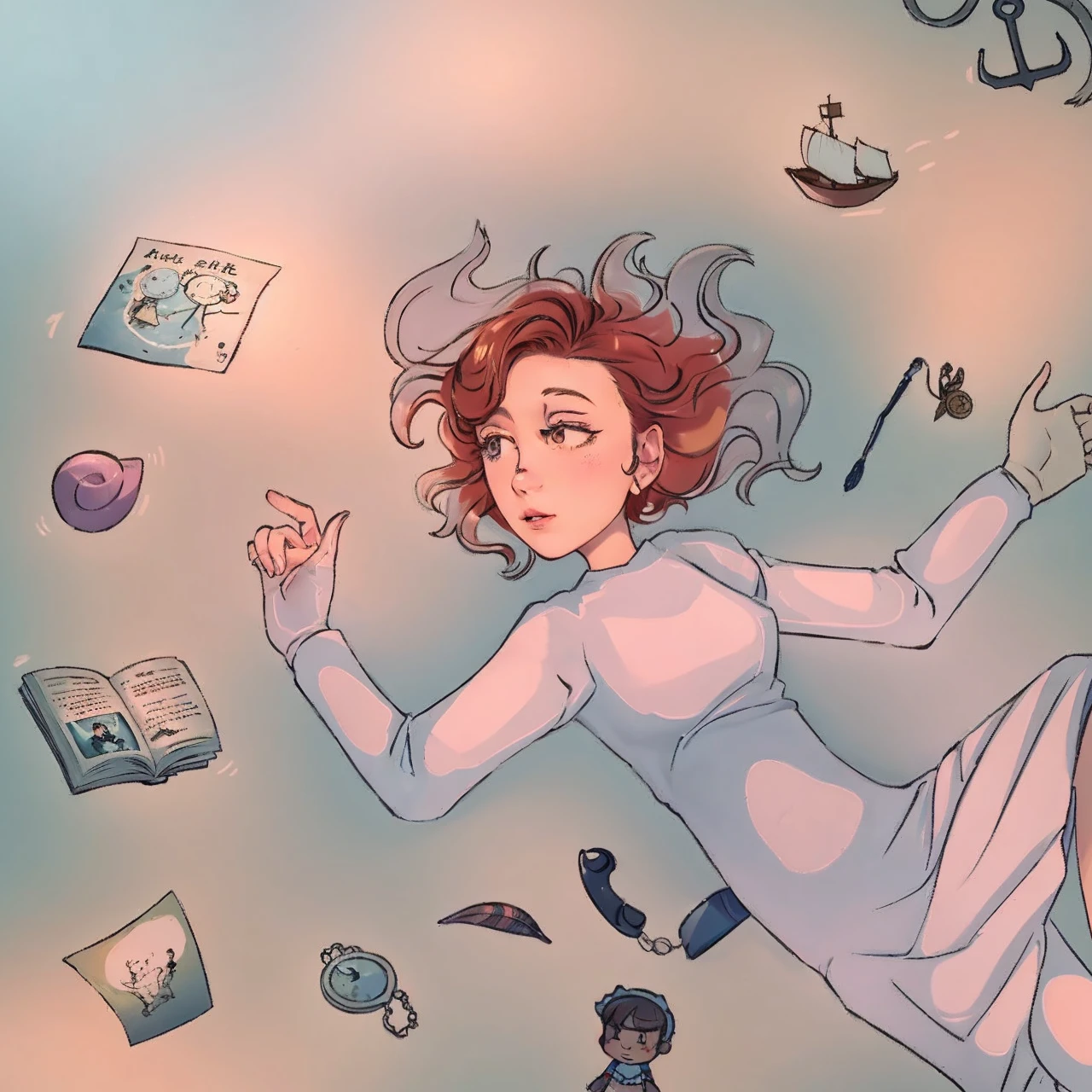 Make it realistic and expand the lighting, the drawing shows a girl in the water, there are objects floating around you, a toy boat, an anchor, two sheets of paper, an open book, a doll, um telefone antigo, a pocket watch, a toy for cats, a shell and a feather.