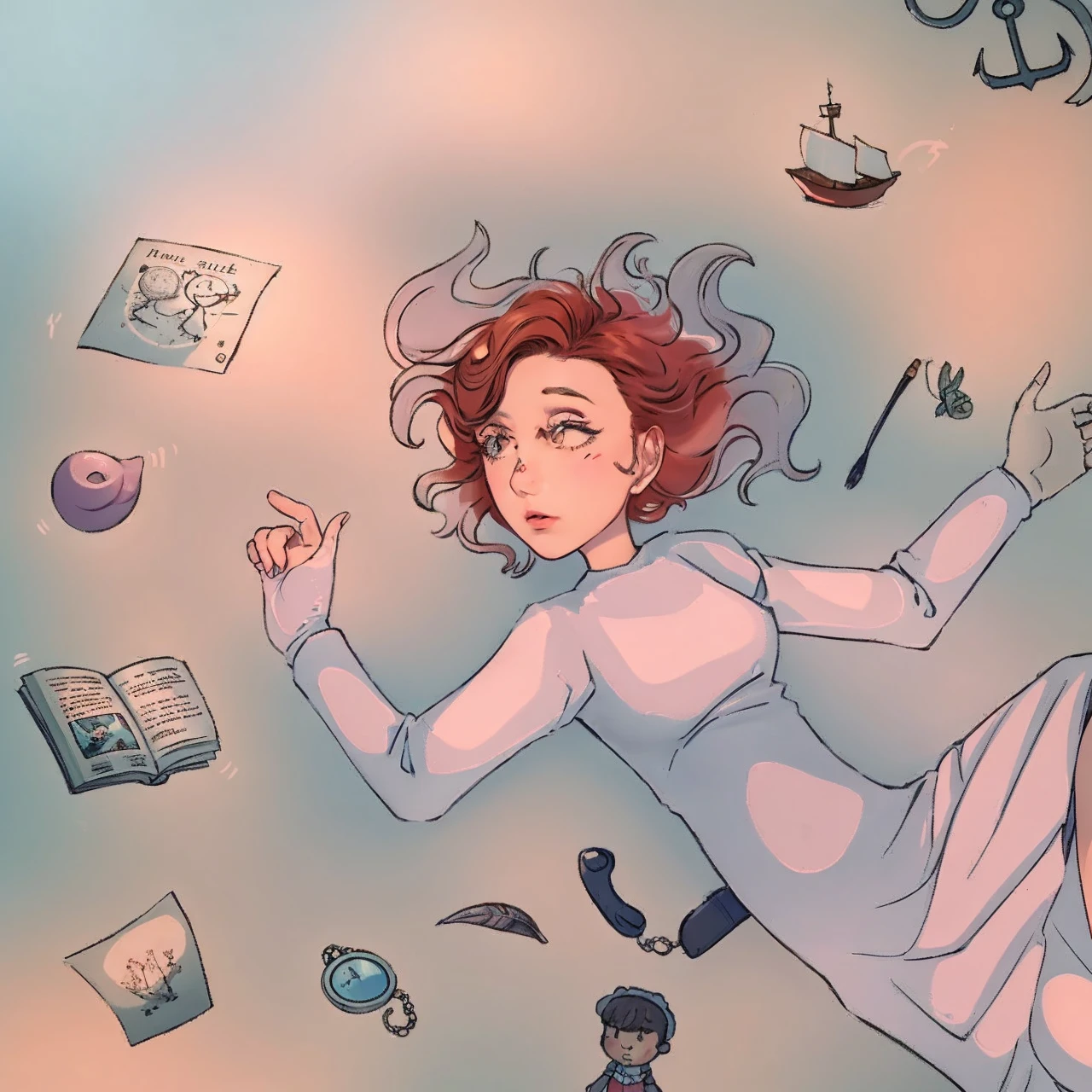 Make it realistic and expand the lighting, the drawing shows a girl in the water, there are objects floating around you, a toy boat, an anchor, two sheets of paper, an open book, a doll, um telefone antigo, a pocket watch, a toy for cats, a shell and a feather.