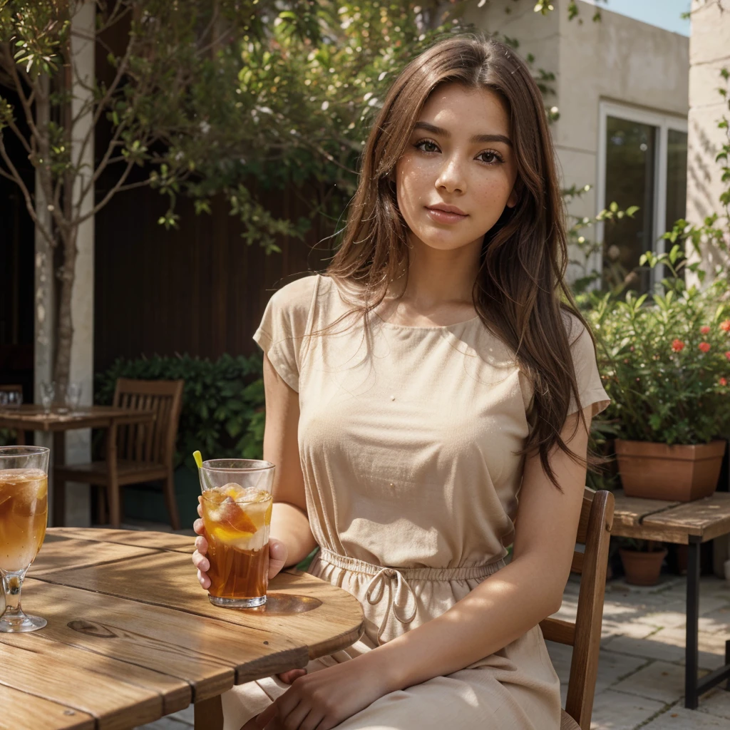 Create a very realistic and beautiful model with the following detailed features: Gender: Female, Age: Young adult (approximately 20-25 years old), Hair: Long, wavy and reddish with a natural shine, gently cascading around the shoulders and back back. . . . . . . . . . . , Eyes: Bright green with a captivating, slightly almond-shaped look, detailed with natural highlights, Skin: Fair complexion with a light texture, including natural freckles on the nose and cheeks, giving a youthful and vibrant appearance: Fair complexion with a light texture, including natural freckles on the nose and cheeks, giving a youthful and lively appearance, Face: with a smooth and natural contour, soft, full lips with a slight pinkish tint and a slightly delicate upturned nose, Expression : a gentle face, with a touch of mischief, which conveys warmth and approachability, Clothing: a flowing orange dress, bright orange color, Context: the model is on an elegant, flowery street, sitting at a table in an open-air restaurant , glass of iced tea on the table, , clear sunny day, view of trees in the background.
Pose: relaxed and confident posture, sitting at a table in an outdoor restaurant, glass of iced tea on the table, , clear sunny day, view of trees in the background.aesthetic, Unsplash, Neoclassicism, Background complex, Best quality, hyper detailed, Gratty Sita, K, Light design