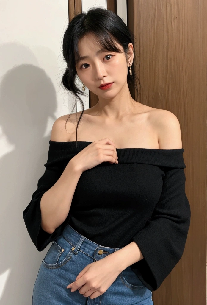 solo、45 years old、Japanese、off-shoulder shirt、Black Hair
