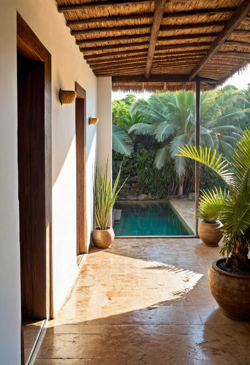 RAW image, taken on a Canon EOS R3, com lente telefoto teleobjetiva 300mm, 8K top quality, natural look, dawn, 3 pm hour, DSLR photo ultra detailed, realistic, ultra high res.photorealistic::1.5, Interior architecture in Brazilian tropical style. An internal corridor covered in Tamarind wood, with a retractable glass roof. On the walls 2 paintings by Tarsila do Amaral. The floor is rustic in Pedra Moledo Laguna Branca. This hallway overlooks the garden, with neatly trimmed grass, tall palm trees, a huge square swimming pool, light brown sun loungers, open wooden sliding doors, breeze, sea, sand. 
