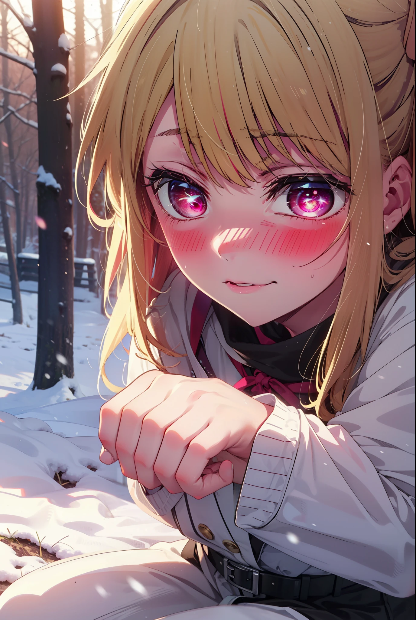 rubyhoshino, Hoshino Ruby, Long Hair, bangs, blonde, (Pink Eyes:1.3), Side Lock, (Symbol-shaped pupil:1.5), Multicolored Hair, Two-tone hair, smile,,smile,blush,white breath,
Open your mouth,snow,Ground bonfire, Outdoor, boots, snowing, From the side, wood, suitcase, Cape, Blurred, , forest, White handbag, nature, Squat, Mouth closed, Cape, winter, Written boundary depth, Black shoes, red Cape break looking at viewer, Upper Body, whole body, break Outdoor, forest, nature, break (masterpiece:1.2), Highest quality, High resolution, unity 8k wallpaper, (shape:0.8), (Beautiful and beautiful eyes:1.6), Highly detailed face, Perfect lighting, Highly detailed CG, (Perfect hands, Perfect Anatomy),