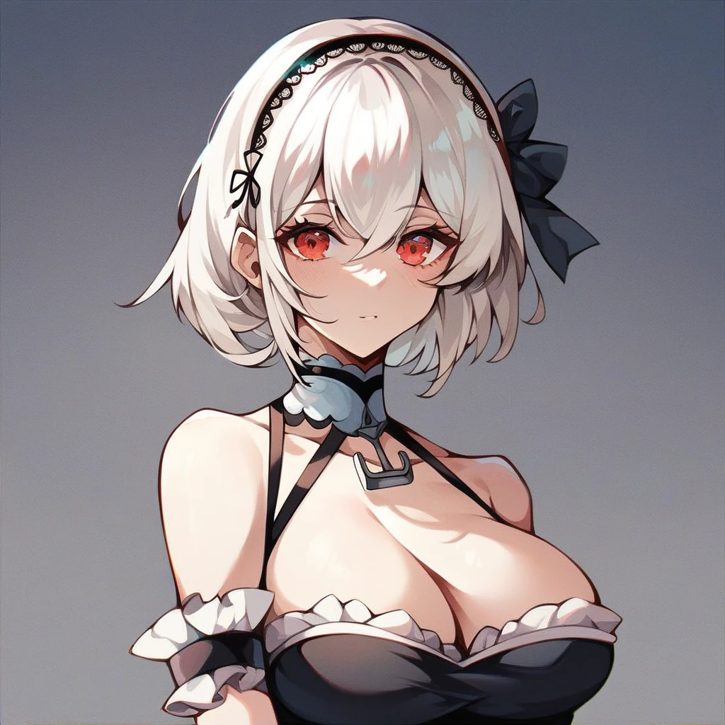 Fraction_9, Fraction_8_up, Fraction_7_up, Fraction_6_Direction_5_Direction_4_up, src_Japanese cartoons, Simple background, 1 Girl, Solitary, Sirius \(Azur Lane\), Red Eyes, White hair, , Long hair, Black lace ribbon,Look at the camera