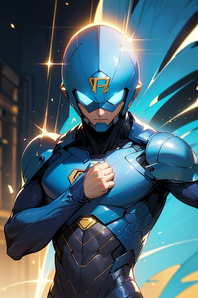 blue super hero suit, blue super hero helmet that covers head, young male, mature, adult, upper body, lean, street background, electronic chest glowing, speedster, gold and blue hero suit, blue lighting surrounding person
