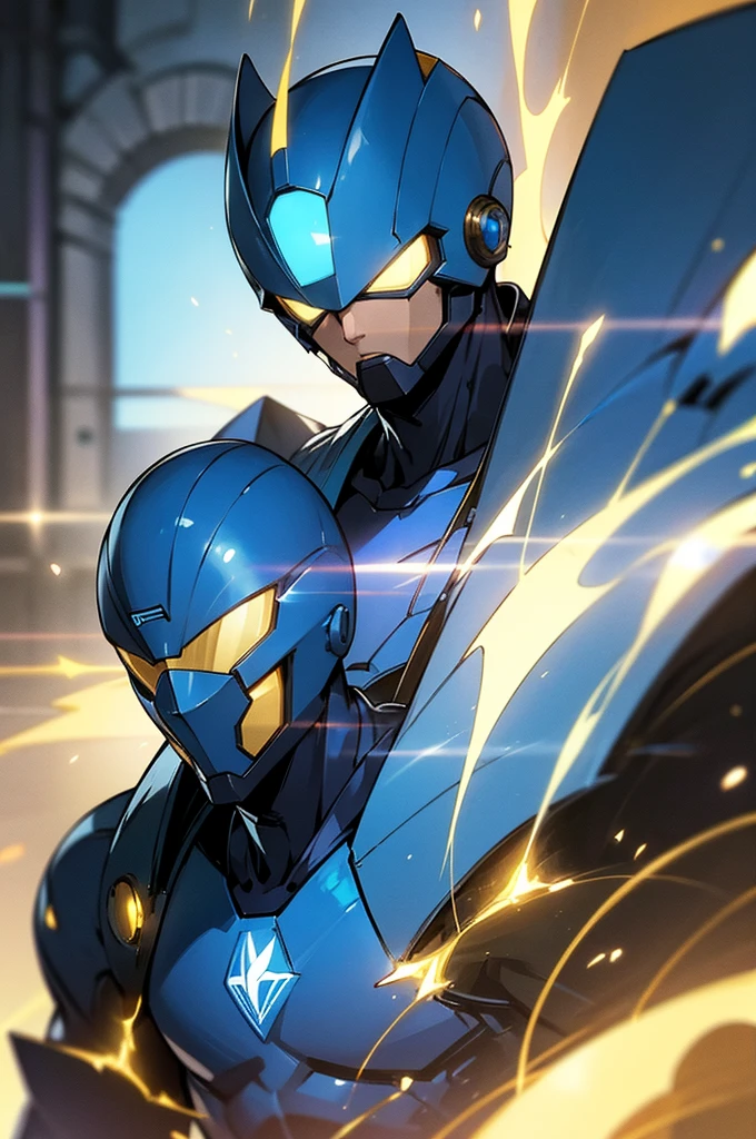 blue super hero suit, blue super hero helmet that covers head, young male, mature, adult, upper body, lean, street background, electronic chest glowing, speedster, gold and blue hero suit, blue lighting surrounding person
