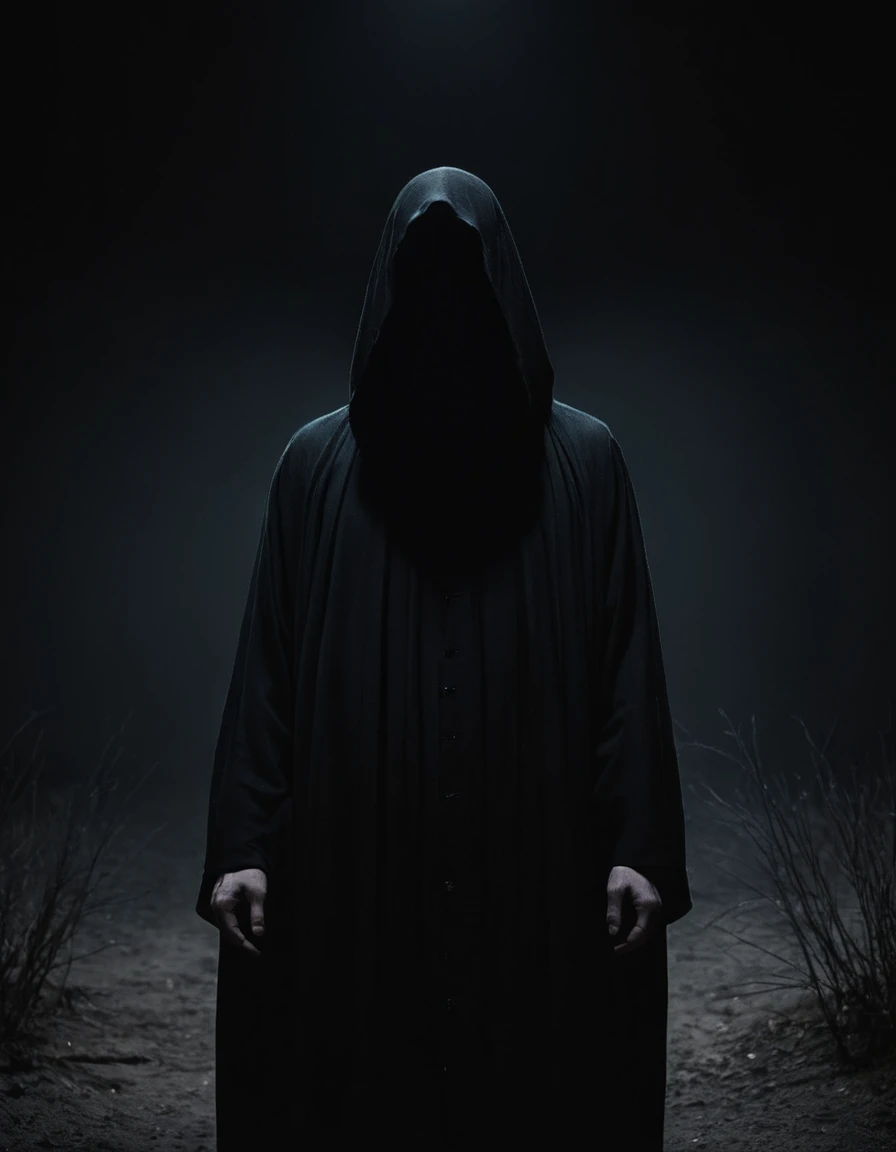 Man in black robe standing in darkness, album cover, Direction: Balázs Diószegi, tumblr, gothic horror art, veil, Moonless night, darkness, Dark and soft colors, caretaker, with no face, darkness background