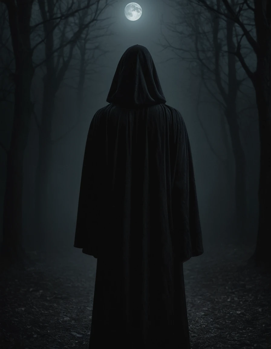 Man in black robe standing in darkness, album cover, Direction: Balázs Diószegi, tumblr, gothic horror art, veil, Moonless night, darkness, Dark and soft colors, caretaker, with no face, darkness background