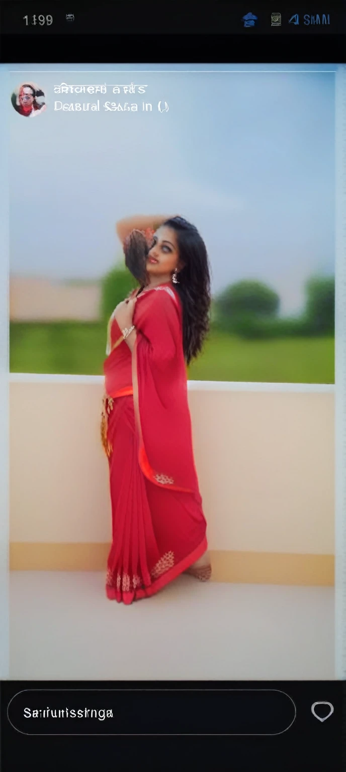 a close up of a woman in a red sari posing for a picture, dressed in a sari, traditional beauty, inspired by T. K. Padmini, beautiful and graceful, wearing a red outfit, wearing a sari, with lovely look, wearing sari, wearing red attire, cute beautiful, red clothes, wearing red clothes, stylish pose, sari, with a cool pose