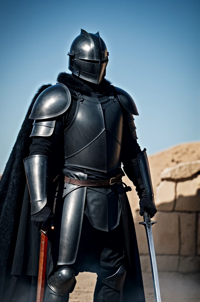 black knight, black fur around neck on armor, holding a large sword, wearing full body armor, pitch black armor, wearing a helmet, ruined background, badass, 4k, high res, mysterious, hood over head, medieval
