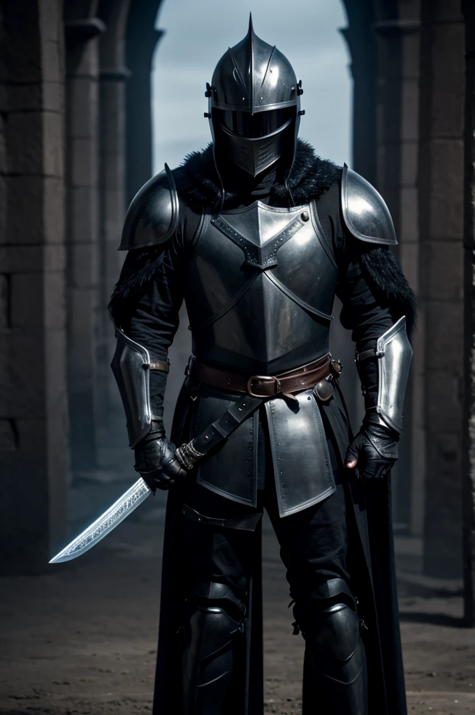 black knight, black fur around neck on armor, holding a large sword, wearing full body armor, pitch black armor, wearing a helmet, ruined background, badass, 4k, high res, mysterious, hood over head, medieval