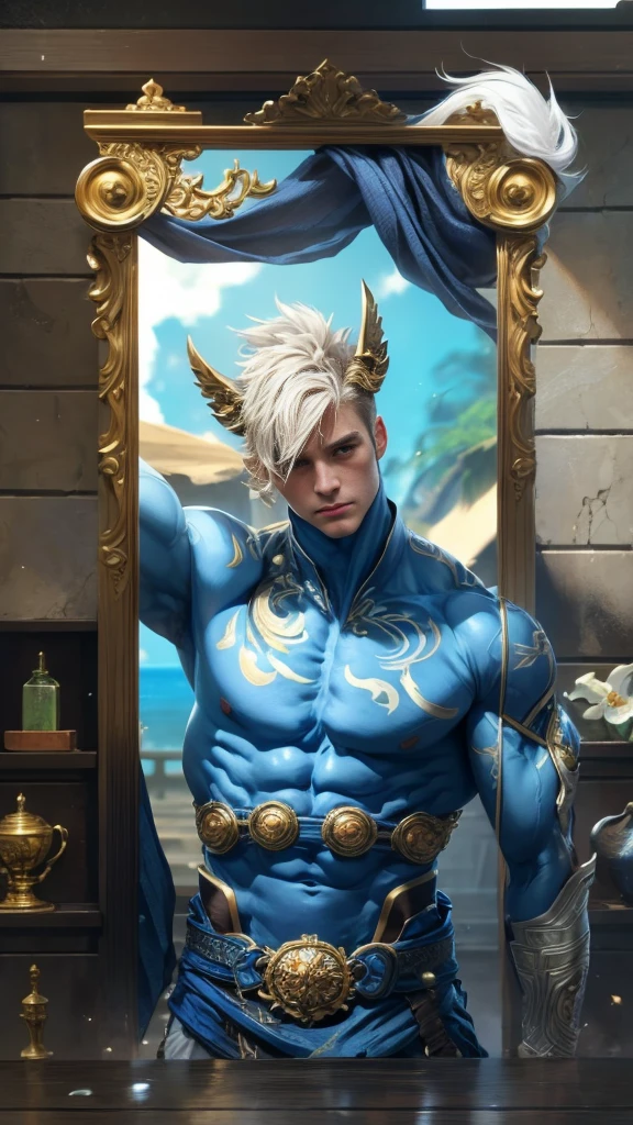 (Intricate Details, Masterpiece, Best Quality, High Resolution, 8k), (1man), (male:1.2), detailed eyes,finely detailed face, toned body, masculine appeal, commanding presence, bulging biceps and triceps, well-developed quadriceps and hamstrings, light skin,  portrait, solo, half shot, detailed background, detailed face,finely detailed background, Depth of Field, VFX