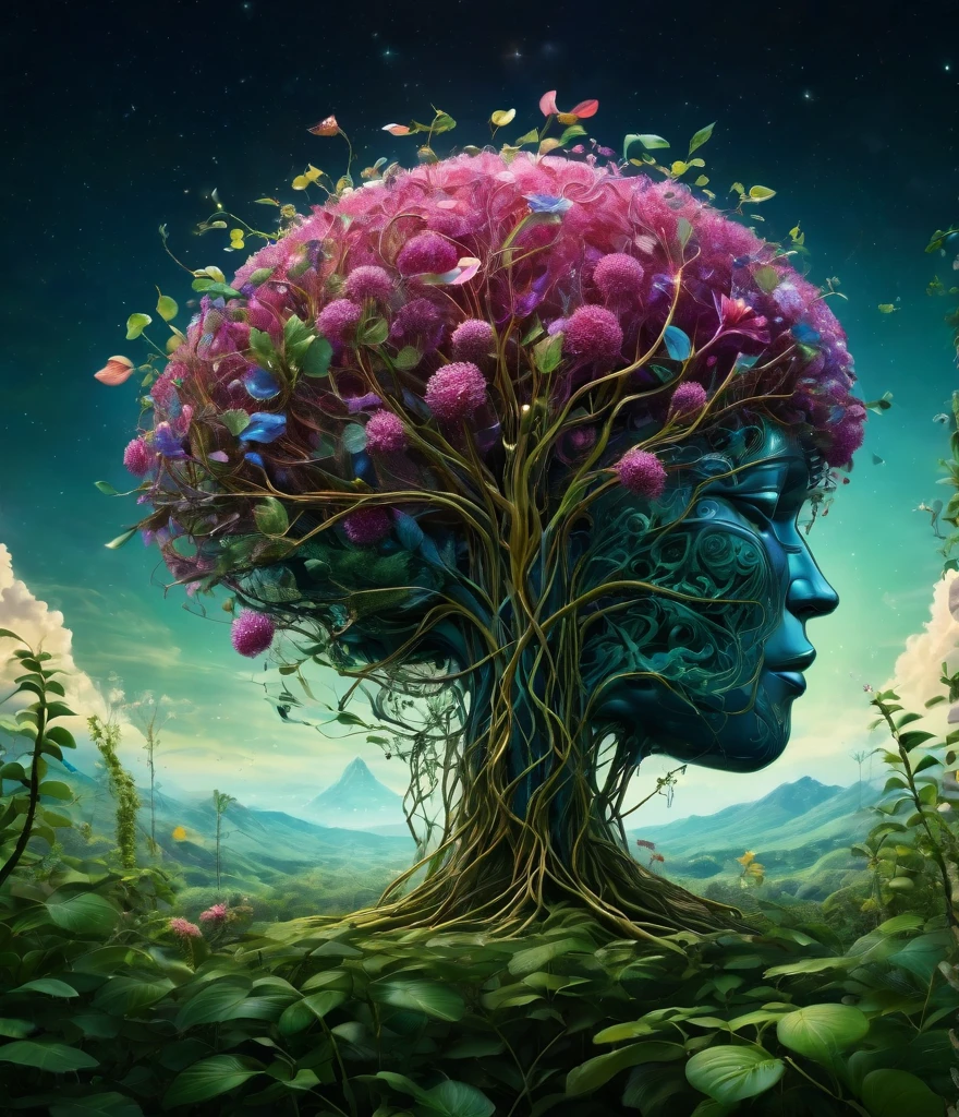 A mesmerizing digital illustration of a human brain. The brain CONSISTS ENTIRELY OF intricately woven with trees, vines, and flowers, which are sprouting from the brain stem, creating a surreal and organic fusion of nature and intelligence. The vines branch out, forming complex neural networks that are translucent and extend into the surroundings. The brain is depicted without bones and skin, purely composed of the vegetation, showcasing the interconnectedness of nature and human cognition. The illustration is rendered with extreme detail, capturing every intricate texture of the trees, vines, and flowers, creating a visually stunning masterpiece. The colors of the illustration are vivid and vibrant, with a color palette dominated by various shades of green and violet, representing growth, life, and harmony. Some flowers bloom in vibrant hues of pink, blue, and yellow, adding pops of color to the overall composition. It is a true masterpiece of digital art. (best quality, ultra-detailed, realistic