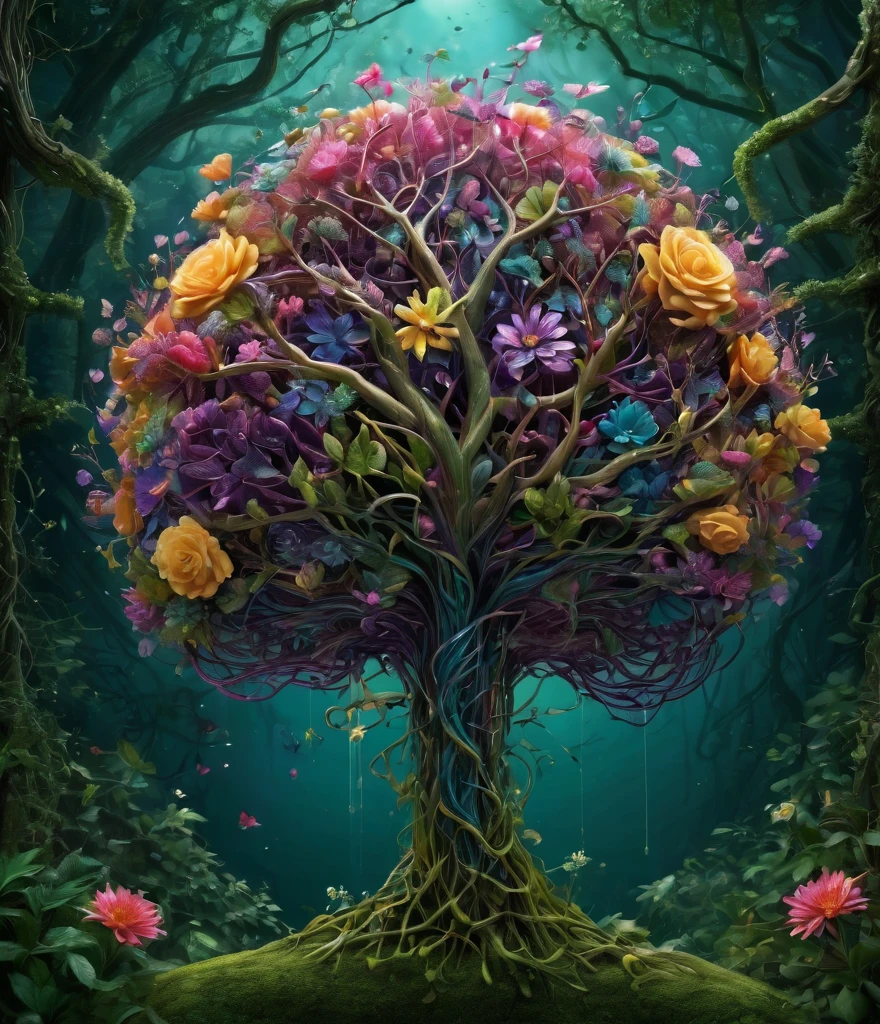 A mesmerizing digital illustration of a human brain. The brain CONSISTS ENTIRELY OF intricately woven with trees, vines, and flowers, which are sprouting from the brain stem, creating a surreal and organic fusion of nature and intelligence. The vines branch out, forming complex neural networks that are translucent and extend into the surroundings. The brain is depicted without bones and skin, purely composed of the vegetation, showcasing the interconnectedness of nature and human cognition. The illustration is rendered with extreme detail, capturing every intricate texture of the trees, vines, and flowers, creating a visually stunning masterpiece. The colors of the illustration are vivid and vibrant, with a color palette dominated by various shades of green and violet, representing growth, life, and harmony. Some flowers bloom in vibrant hues of pink, blue, and yellow, adding pops of color to the overall composition. It is a true masterpiece of digital art. (best quality, ultra-detailed, realistic