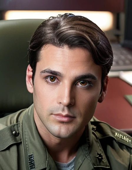31 year old man, with dark brown hair, light brown eyes, serious and seductive look, American military style hair combed to the left. Sitting in your office.