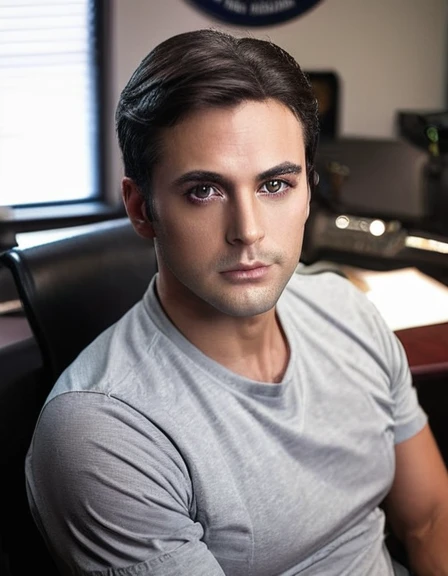 31 year old man, with dark brown hair, light brown eyes, serious and seductive look, American military style hair combed to the left. Sitting in your office.