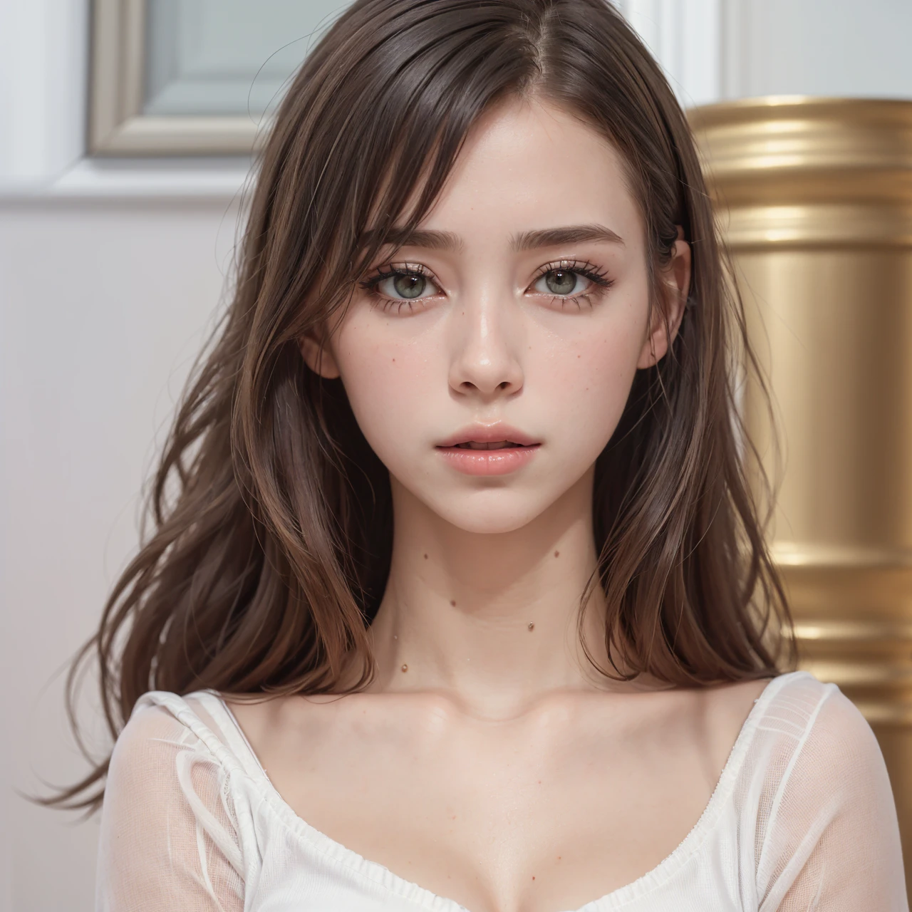 (Best quality, 8K, high resolution, masterpiece: 1.2, DSLR, 16k), ultra-detailed, (realistic, photorealistic, photorealistic: 1.37), portrait, creative style artwork, historical, classic, sophisticated, wide variety of colors . Highly detailed, soft lighting, luxurious atmosphere, there is a young woman, ((White shirt, miniskirt, minidress,, , slim fit (perfect oval shape, asymmetrical facial structure, perfect proportion, almond eye type, hazel eye color). (detailed eyes, blue hair color, 32 inch breasts, hourglass figure, slim body, pale white skin tone, sexy girl, 22 years old, soft wavy hair, look away, attitude expression, makeup professional, pink lips)
